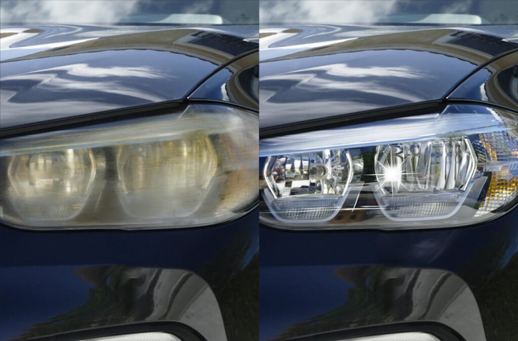 Headlight before and after restoration ct detailing Louisville KY